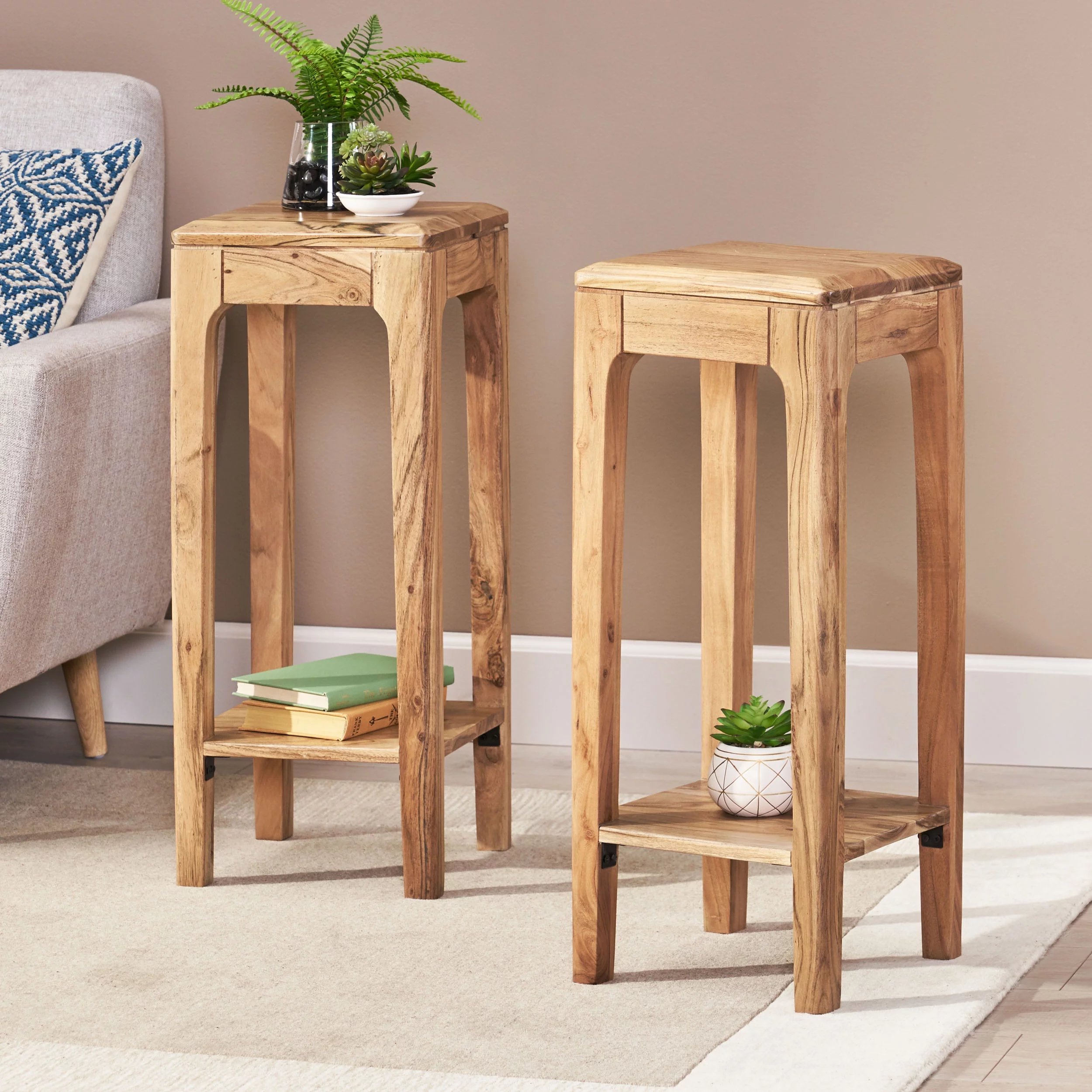 GDF Studio Judith Mid Century Modern Handmade Acacia Wood Plant Stands, Set of 2, Natural