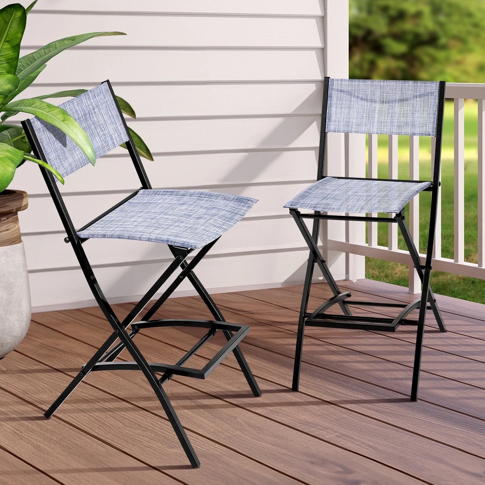 Vitarpatio Outdoor Patio Bar Stools Set of 2, Metal Frame Folding Chairs Counter Height Bar Chairs with Footrest