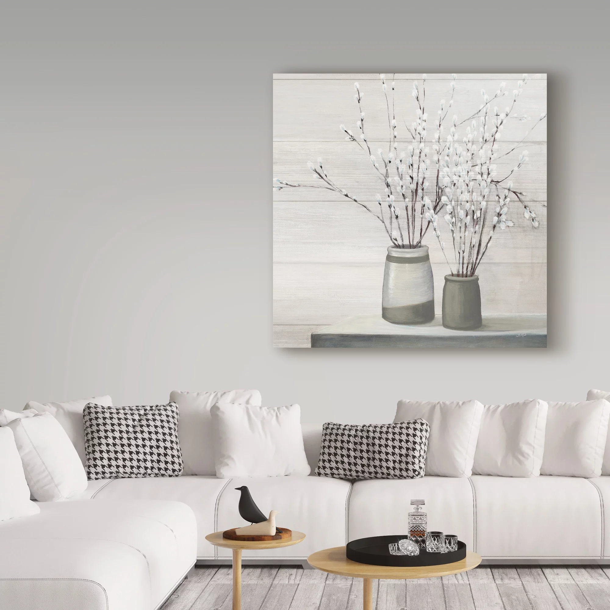 Trademark Fine Art 'Pussy Willow Still Life Gray Pots Shiplap' Canvas Art by Julia Purinton