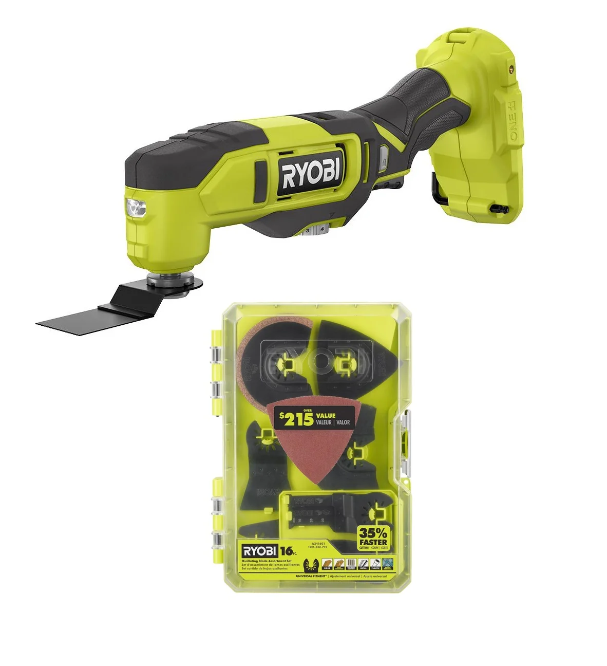 Ryobi 18-Volt Cordless Multi-Tool with 16-Piece Oscillating Multi-Tool Blade Accessory Set – PCL430 + A241601 (Bulk Packaged)