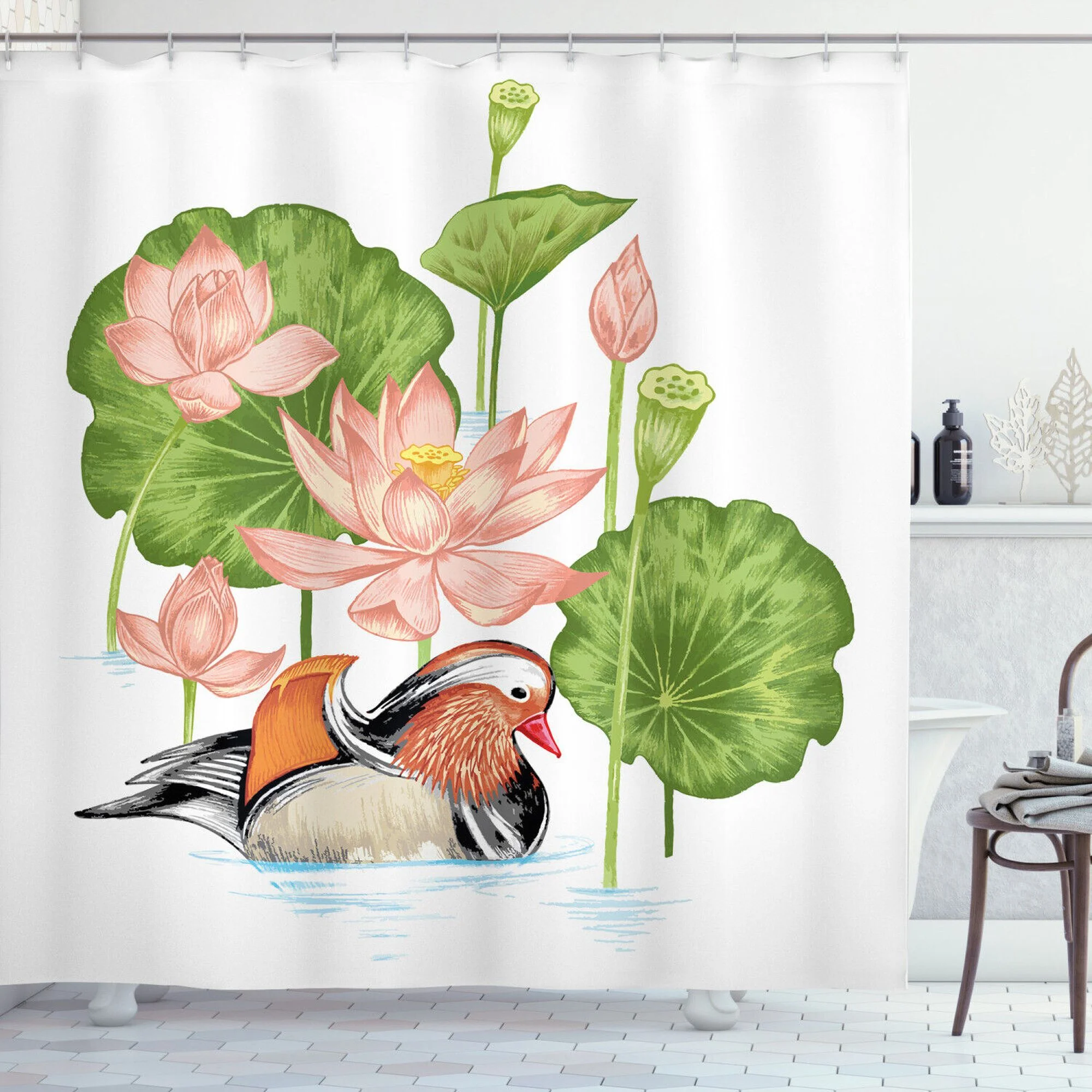 Duck Shower Curtain Mandarin in Pond Print for Bathroom