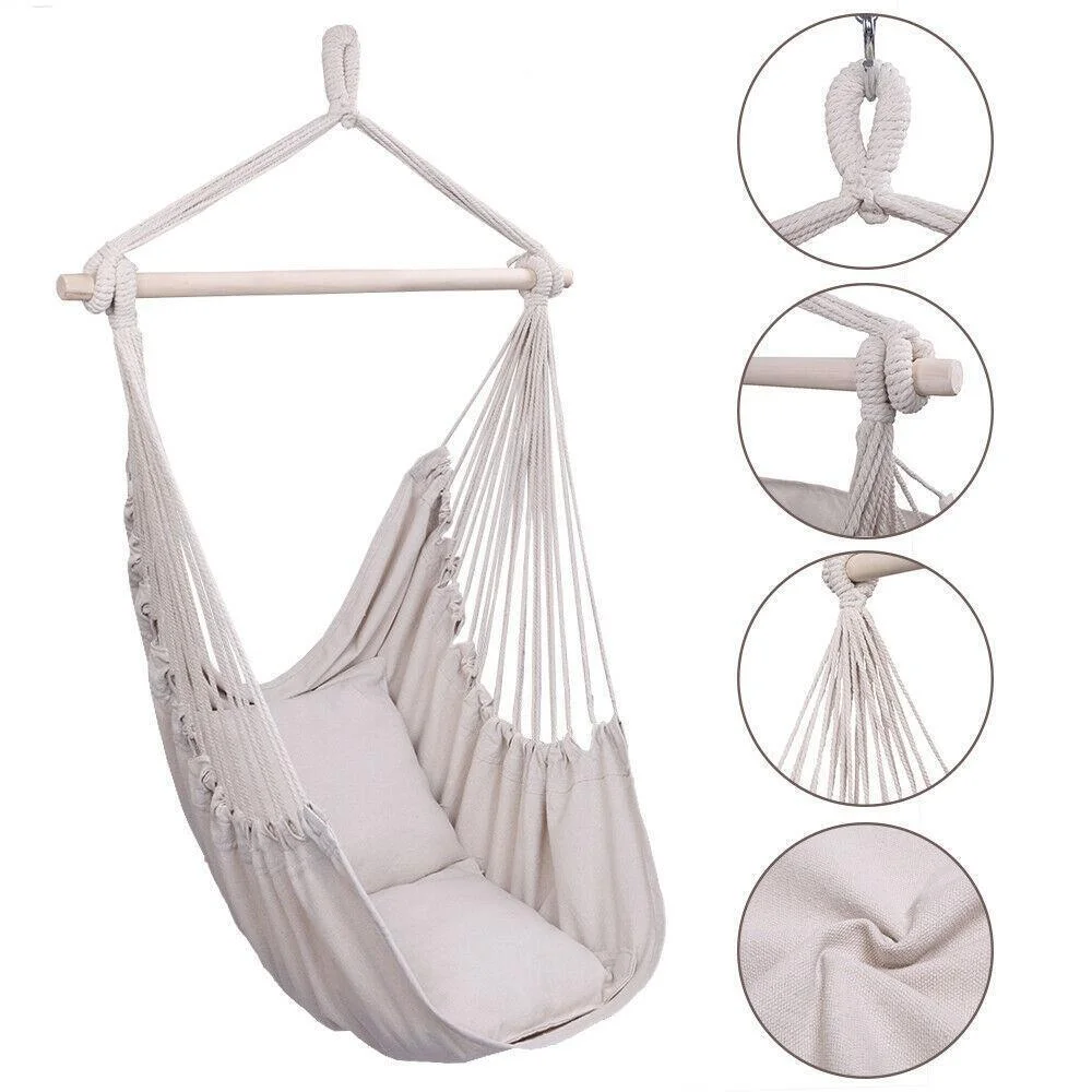 Hammock Hanging Rope Chair Swing Seat Patio Seating Wooden /w 2 Pillows Beige US