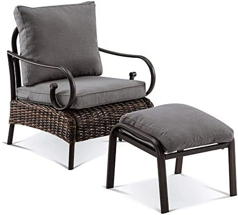 ASDRFYU Outdoor Chair with Ottoman  Patio Wicker Chair with Fabric Cushions  2 Piece PE Rattan Chair for Garden  Single Patio Chair Brown Lounge Chair with Ottoman (Grey)