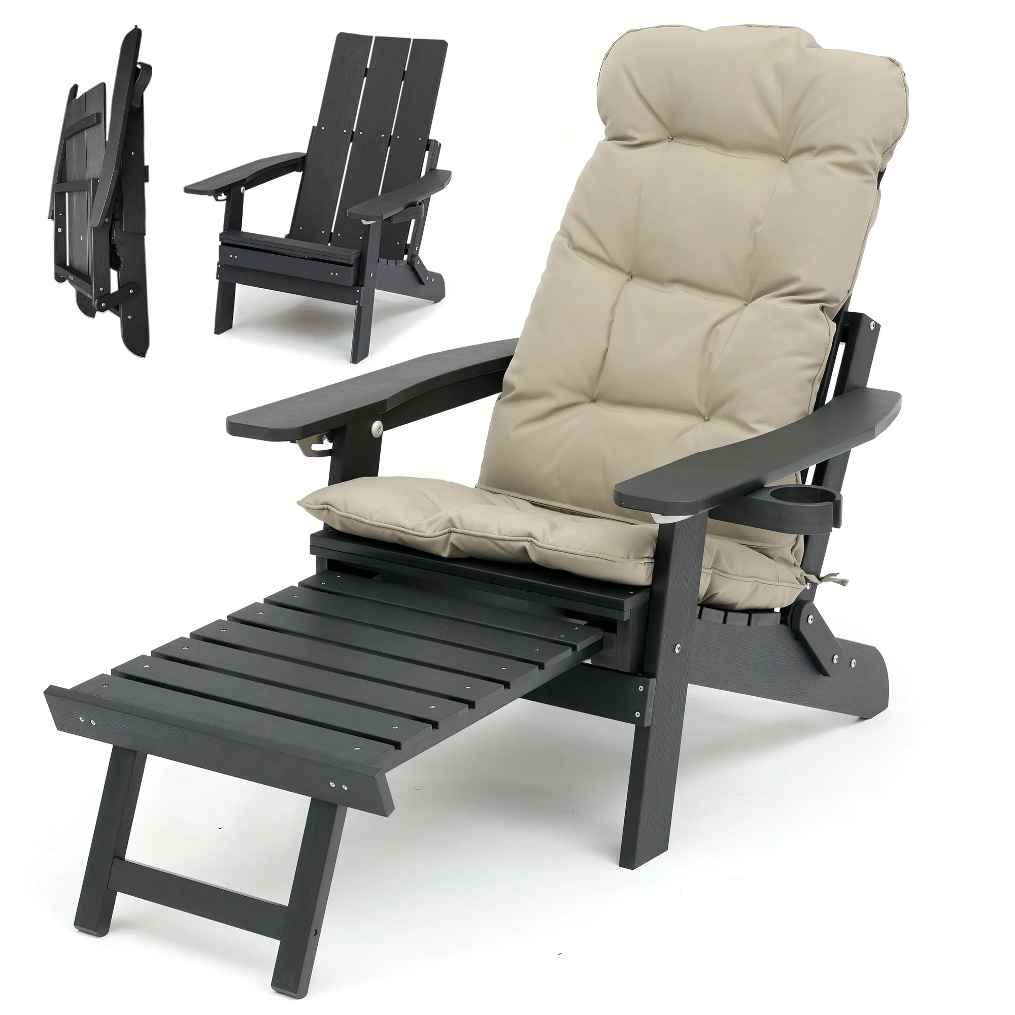 Innovaze Poly Lumber Plastic Folding Adirondack Chair with Cup Holders, Ottoman and Cushion, Heavy Duty 700 LBS, Black