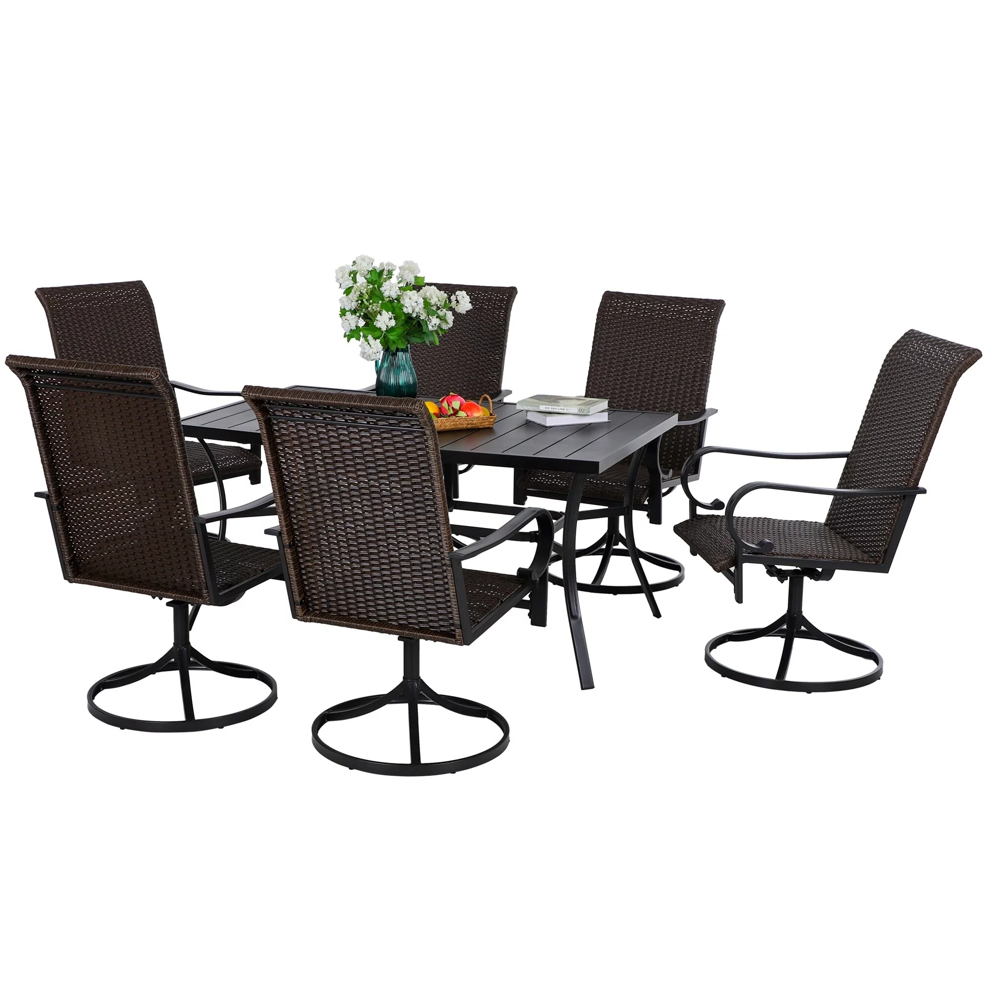 7-Piece Patio Dining Set Steel Panel Table & 6 Rattan Swivel Chairs