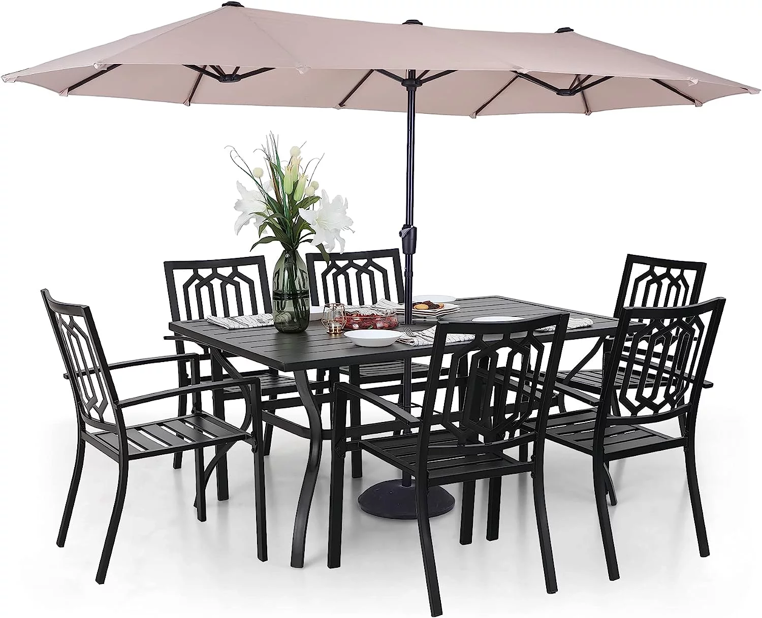 & William Patio Dining Set for 6 with 13ft Double-Sided Patio Umbrella  8 Piece Metal Outdoor Table Furniture Set - 6 Outdoor Chairs  1 Rectangle Dining Table and 1 Large Navy Blue Um