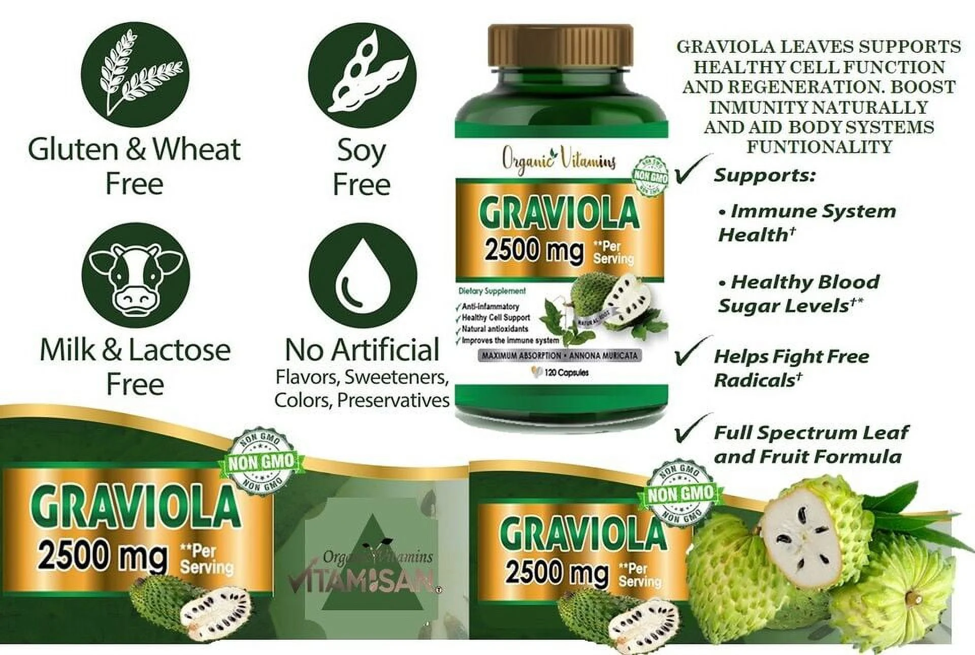 Graviola Capsules 2500mg Pure Natural Soursop Capsules Leaves fruit Powder 120 Capsules