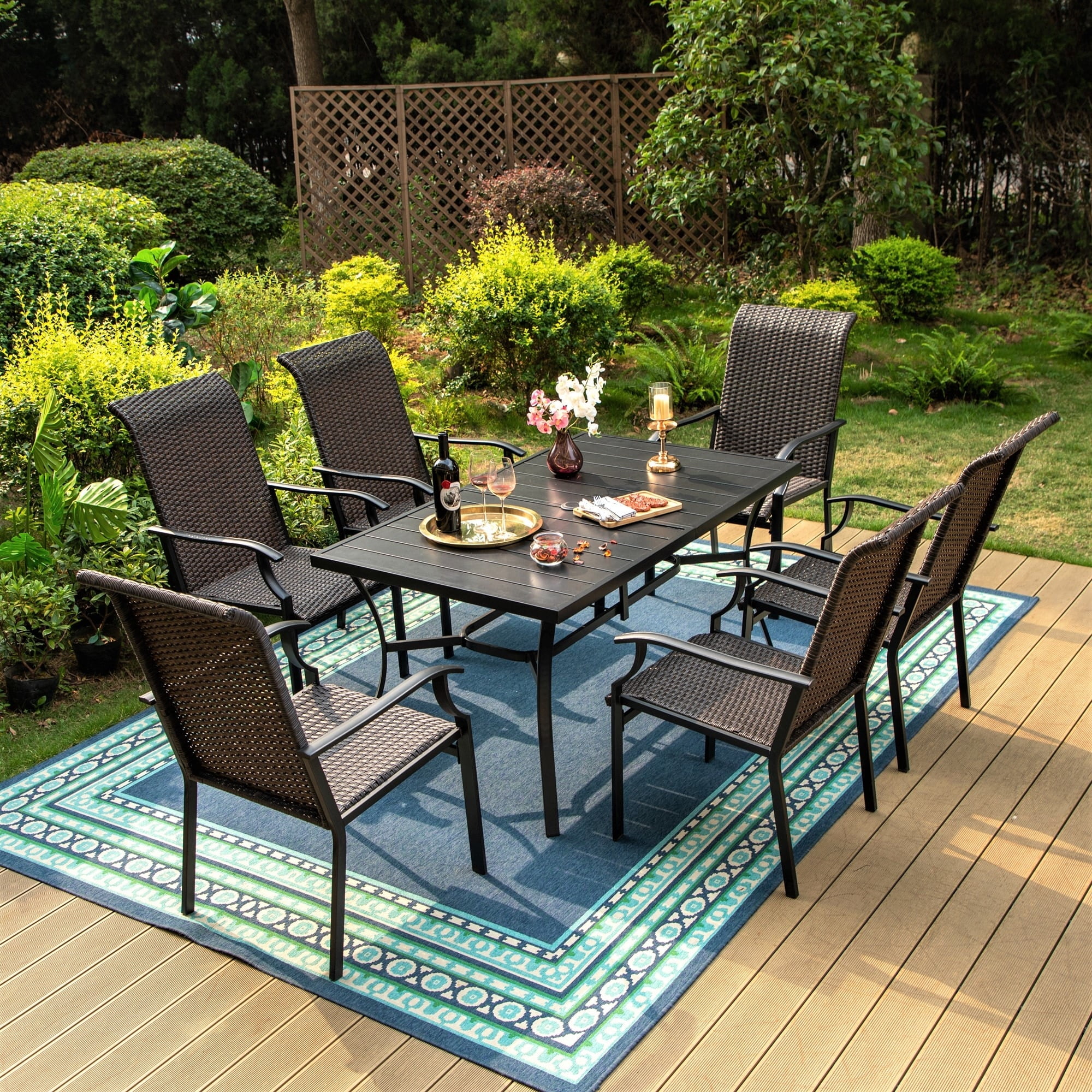 Outdoor Patio 7-Piece Dining Set, 1 Metal Table with an Umbrella Hole and 6 PE Rattan Chairs Fixed Chairs