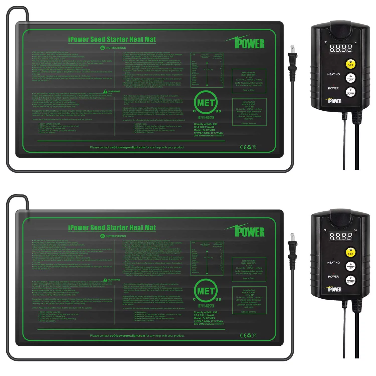 iPower 2 Pcs Warm Hydroponic Seedling Heat Mat and Digital Thermostat Control Combo Set, Black
