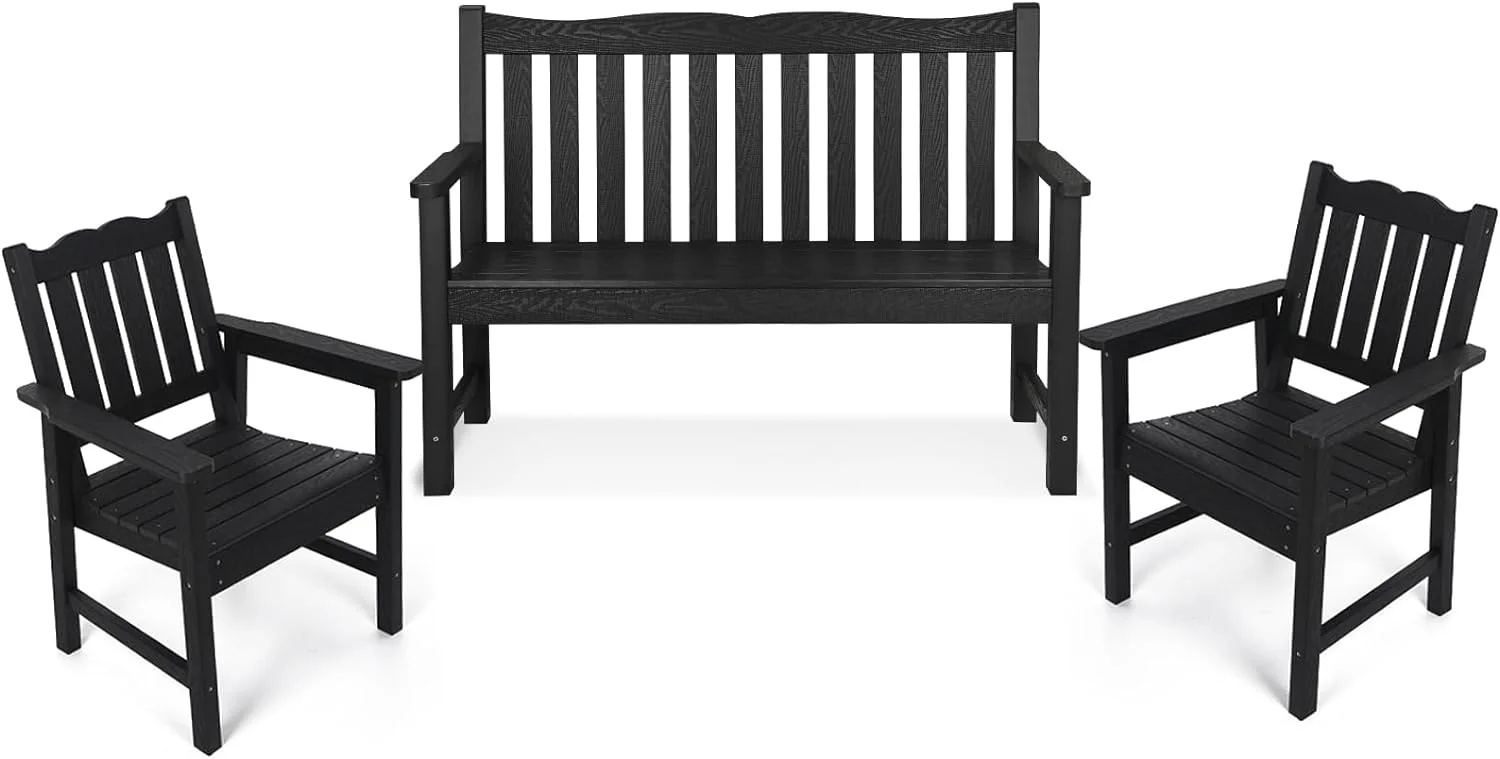 3-Piece Garden Bench & Garden Chair Set, All-Weather Patio Furniture Set, Include 2 Garden Chairs and 1 Garden Bench, for Porch, Backyard, Lawn, Pool and Deck, Black