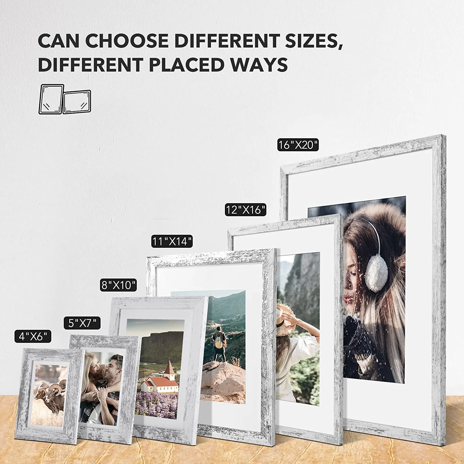 HOUSE DAY 12x16 Picture Frames Set of 6 - Distressed White Farmhouse Rustic Photo Frames, Large Wall Frame Set