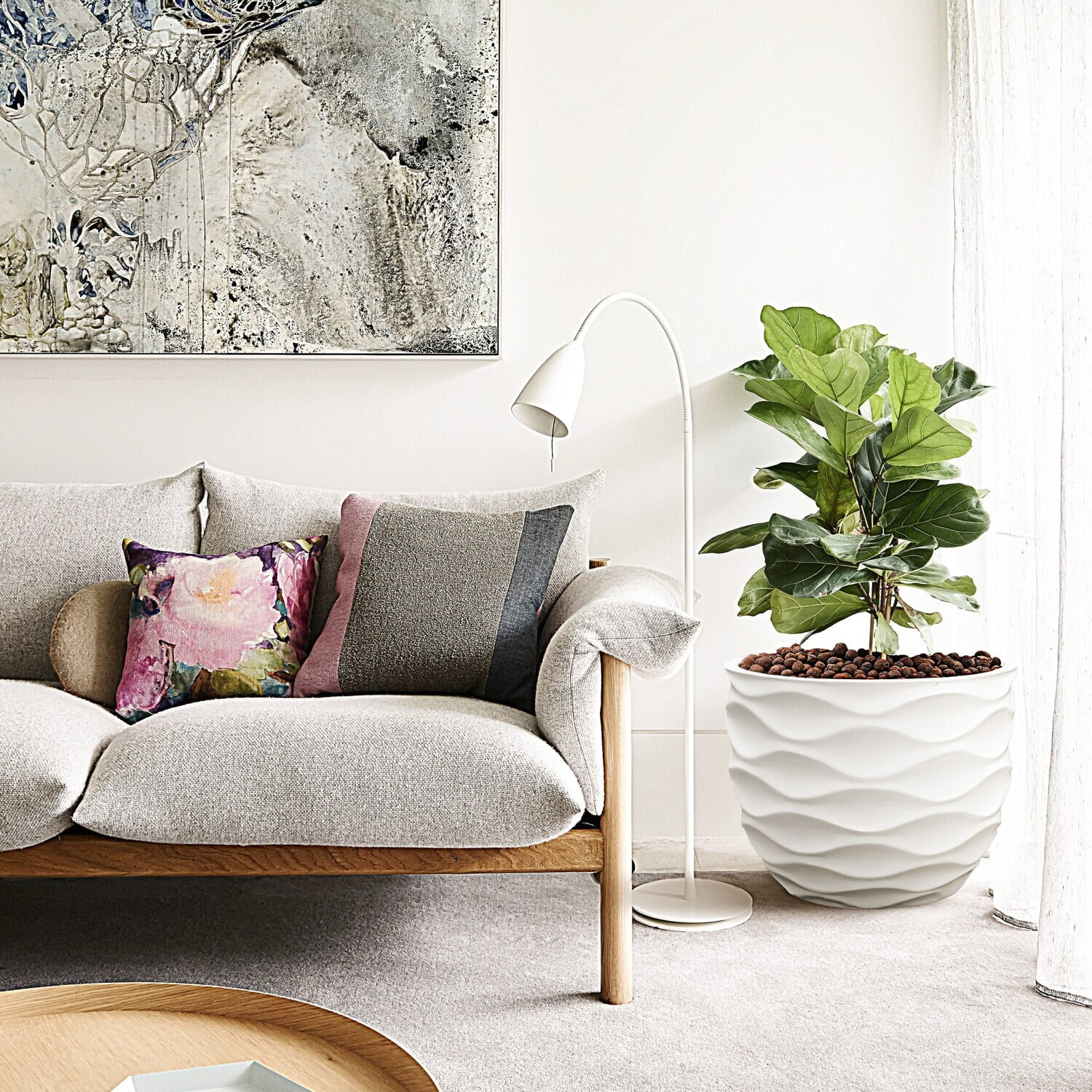 HomeStock Mid-Century Marvel 15.2-Inch H White Mgo Waves Design Round Planter