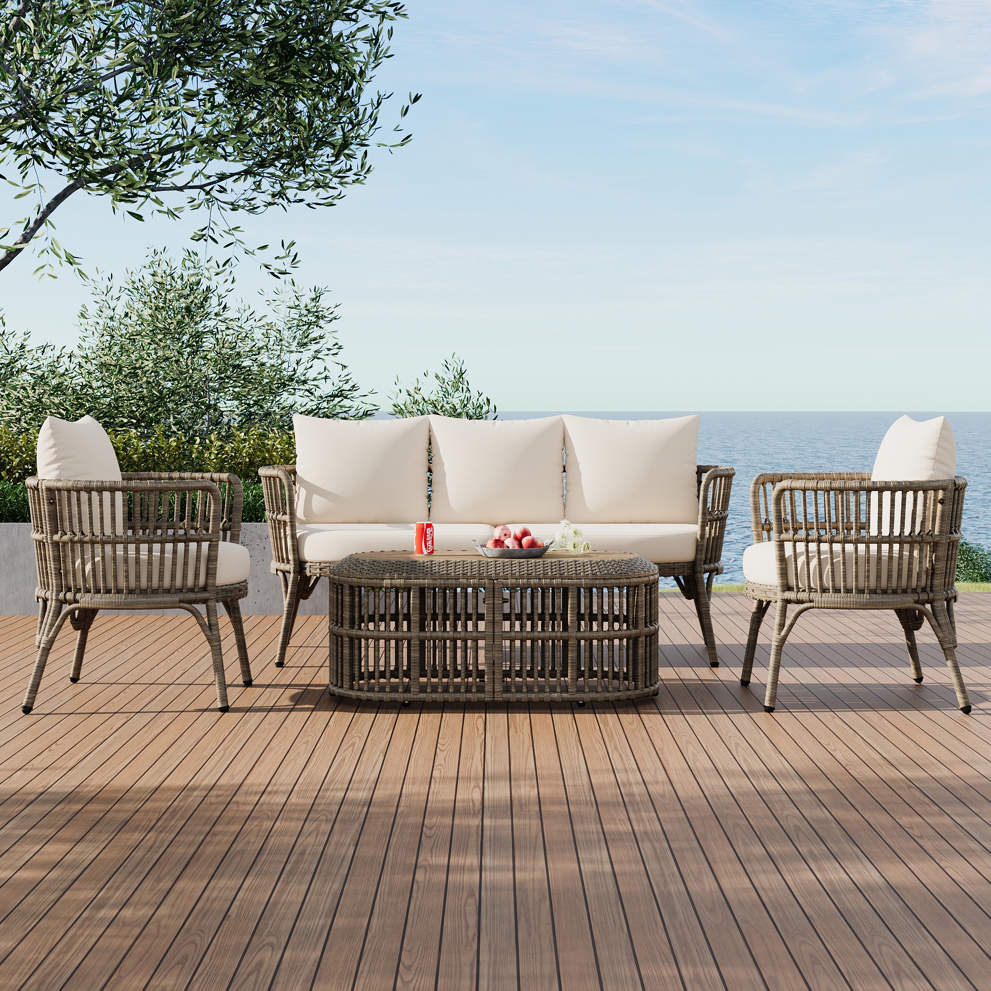 Glavbiku 4 Seater Rattan Outdoor Patio Conversation Set with Coffee Table for Garden,Brown