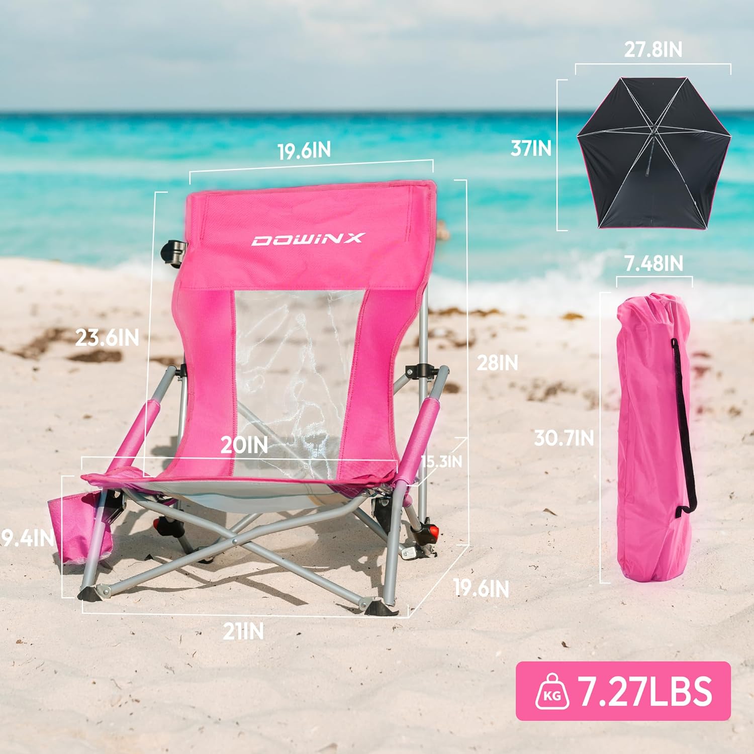 Dowinx Beach Chair with Adjustable Umbrella, Portable Low Camping Chair for Adults, High Back Lightweight Lawn Chair with Holdcup, UPF 50+, 2 Pack