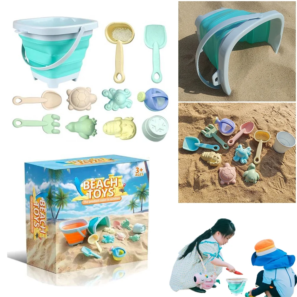 11pcs Beach Sand Molds Toys Set for Kids - Collapsible Sand Bucket and Shovels Sand Rake Toy Sandbox Sandcastle Travel Cute Animal Kit, Sandbox Toy