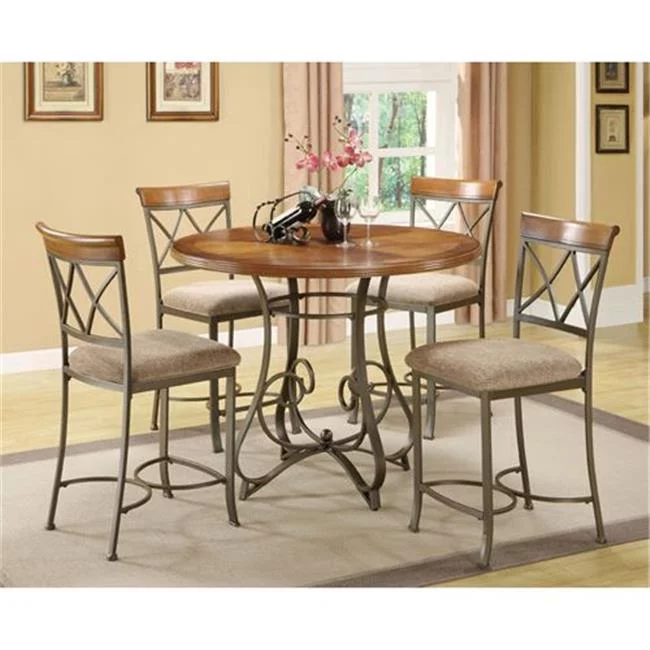 Powell  5 Piece Hamilton Gathering Set - Brushed Faux Medium Cherry Wood / Matte Pewter and Bronze Metal - Diamond Pattern Taupe/Beige