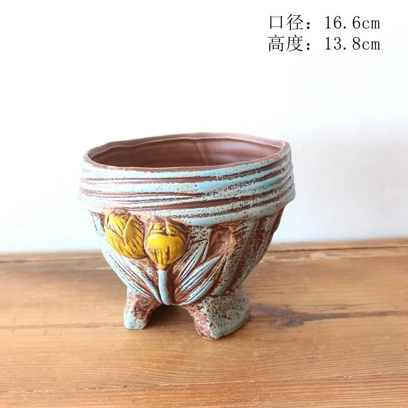 Hand-painted Ceramic Succulent Planter - Vintage Tree Stump Flower Pot for Succulents