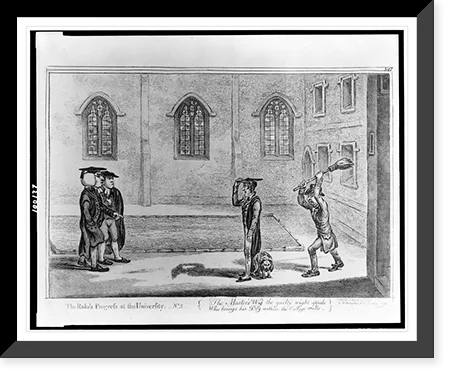 Historic Framed Print, The rake's progress at the university. No. 3. The master's wig the guilty wight appals ..., 17-7/8