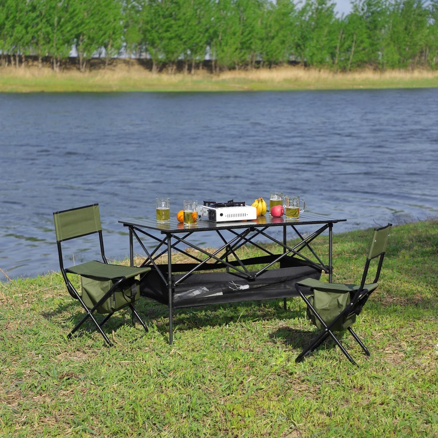 Versatile Set of 3 Folding Outdoor Black/Green Table and Chair Set for Indoor and Outdoor Activities - Perfect for Camping  Picnics  Beach  Backyard Parties  BBQs  and Patio Use