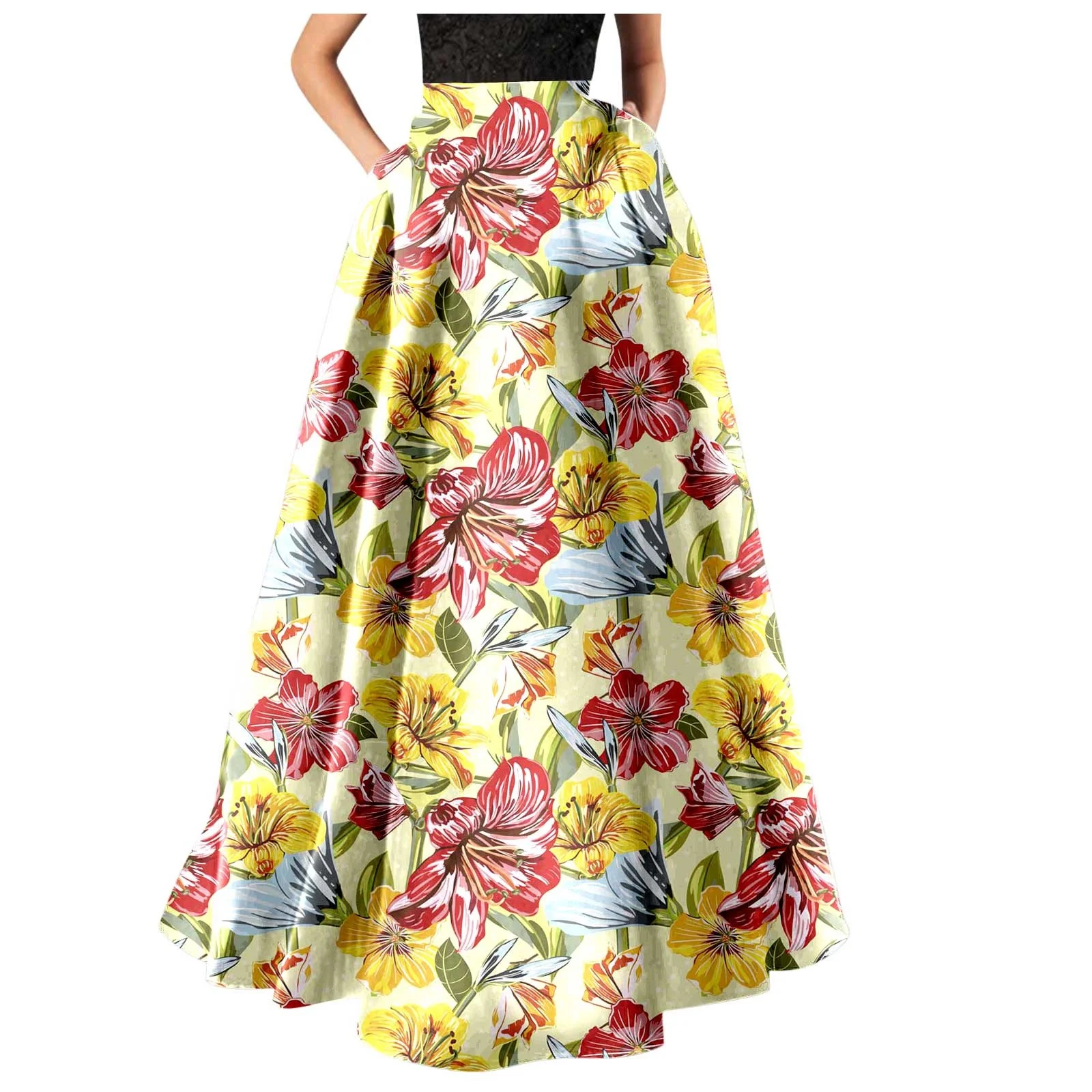 Winter Skater Skirt Women Bohemian Floral Print Maxi Skirt High Waist Pocket Party Beach Long Skirt Skirts For Women