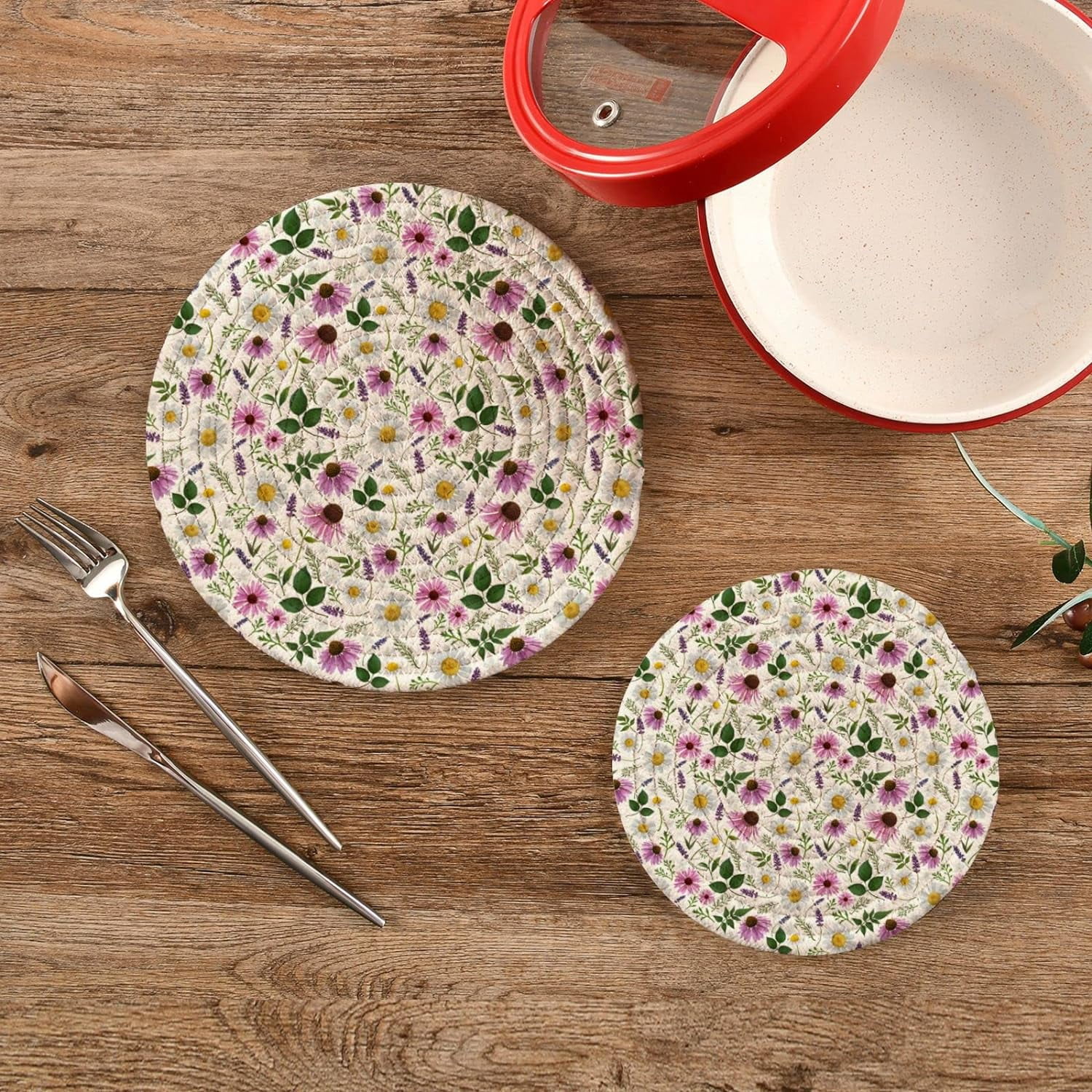 SKYSONIC Summer Bright Flowers Pot Holders Trivets, 2 Pcs Heat Resistant Trivets,Funny Floral Cotton Thread Weave Mats for Hot Pads Pans Pot Bowl Teapot for Kitchen Decor