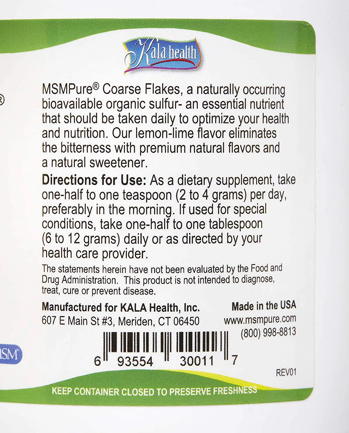 MSMPure Coarse Flakes Powder Lemon Lime Flavor 1lb.
