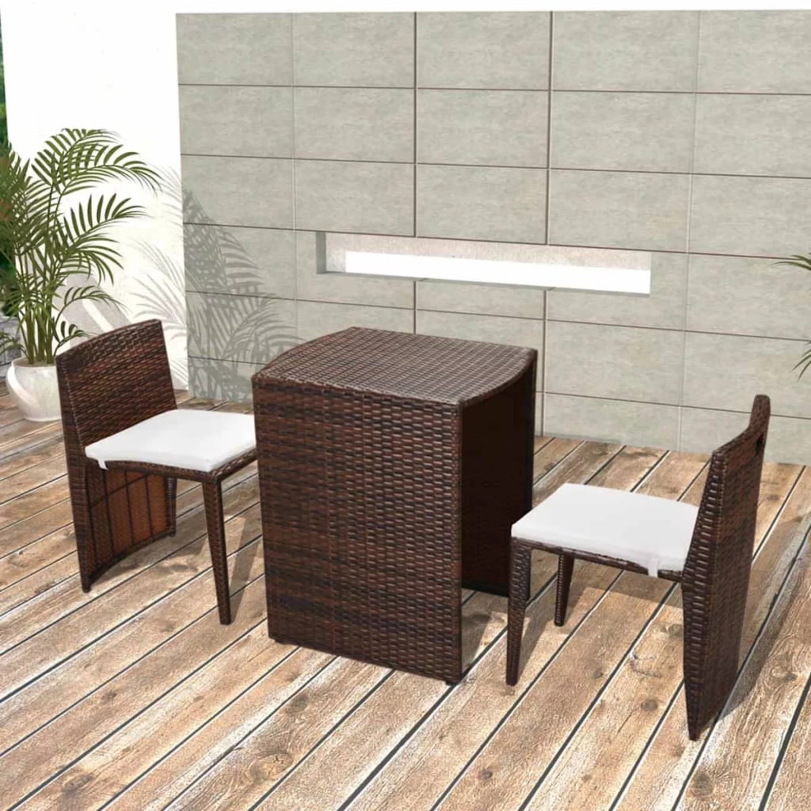 Anself 3 Piece Bistro Set  Table and 2 Garden Chairs with Cream White Seat Cushion Brown Poly Rattan for Patio, Balcony, Garden,  Furniture