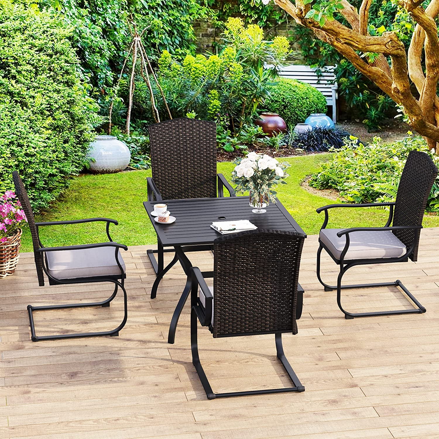 VALLEY Patio Dining Set 5 PCS C Spring Outdoor Dining Sets Wicker Patio Chairs with Cushion 37\u201Dx37\u201Dx28\u201DSquare Table 1.57" Umbrella Hole for Outdoor Kitchen Lawn Garden.
