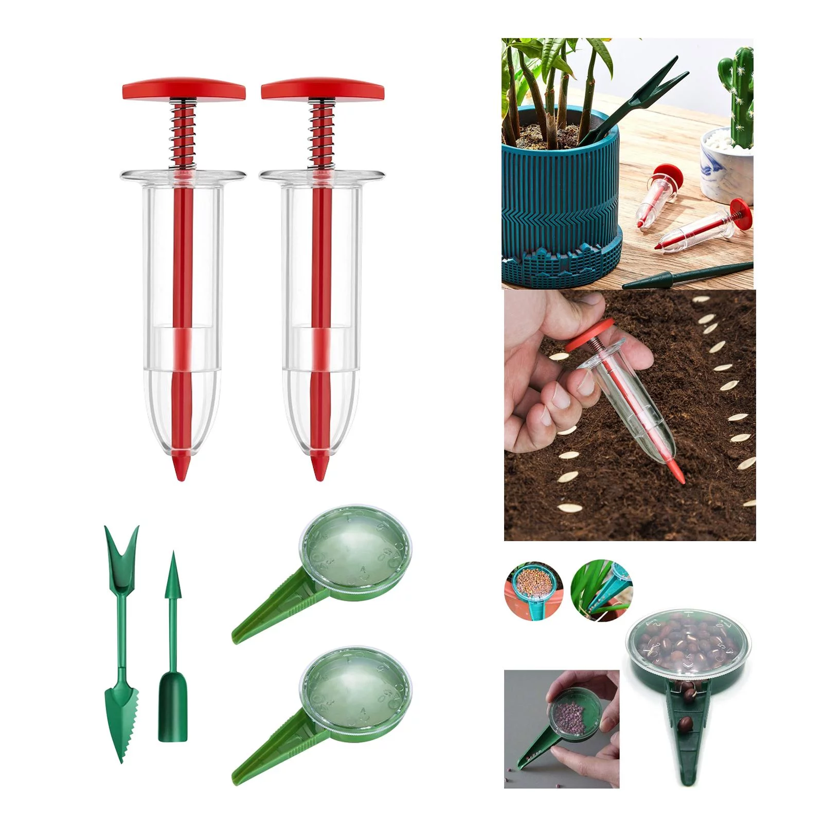Manual Seeder Dispenser with Transplanting Tools, Garden Seeder Planter Sower, Garden Seedling Tool Red and Green