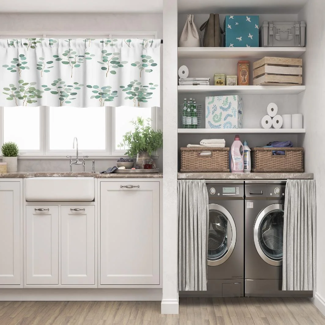 LALILO Kitchen Curtain Valance Silver Dollar Eucalyptus White Rod Pocket Window Curtain 52