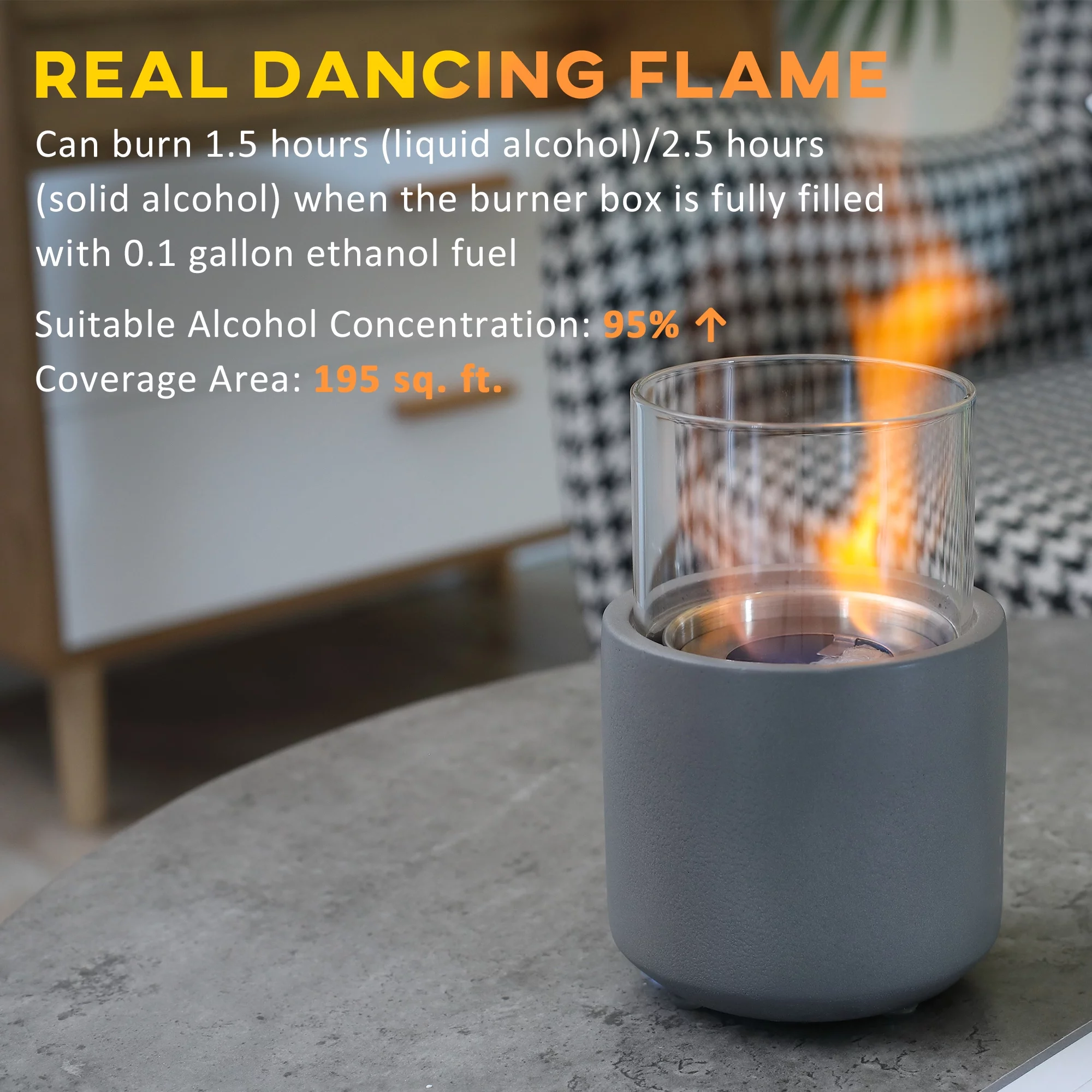 CoSoTower Tabletop Fireplace, Mini Concrete Ethanol Fire Bowl with Lid, Burns Up with Liquid Alcohol and Solid Tablet Alcohol, Light Grey