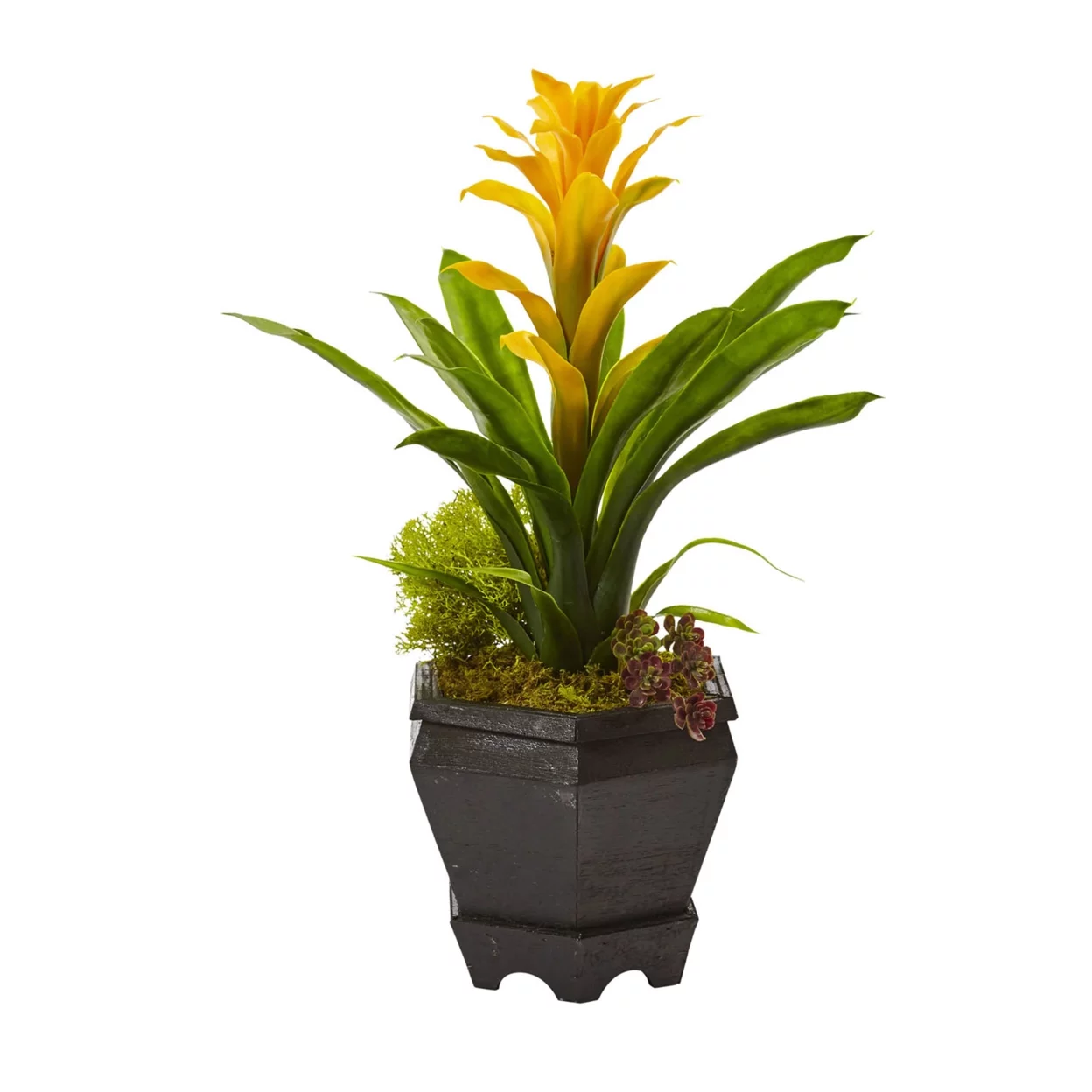Nearly Natural Home Decor Bromeliad in Black Hexagon Planter - Yellow