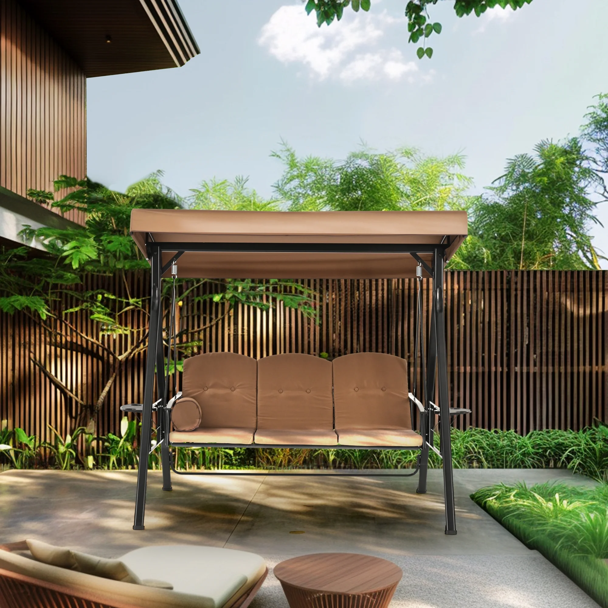 3-Person Brown Metal Patio Swing with Canopy and Cushions