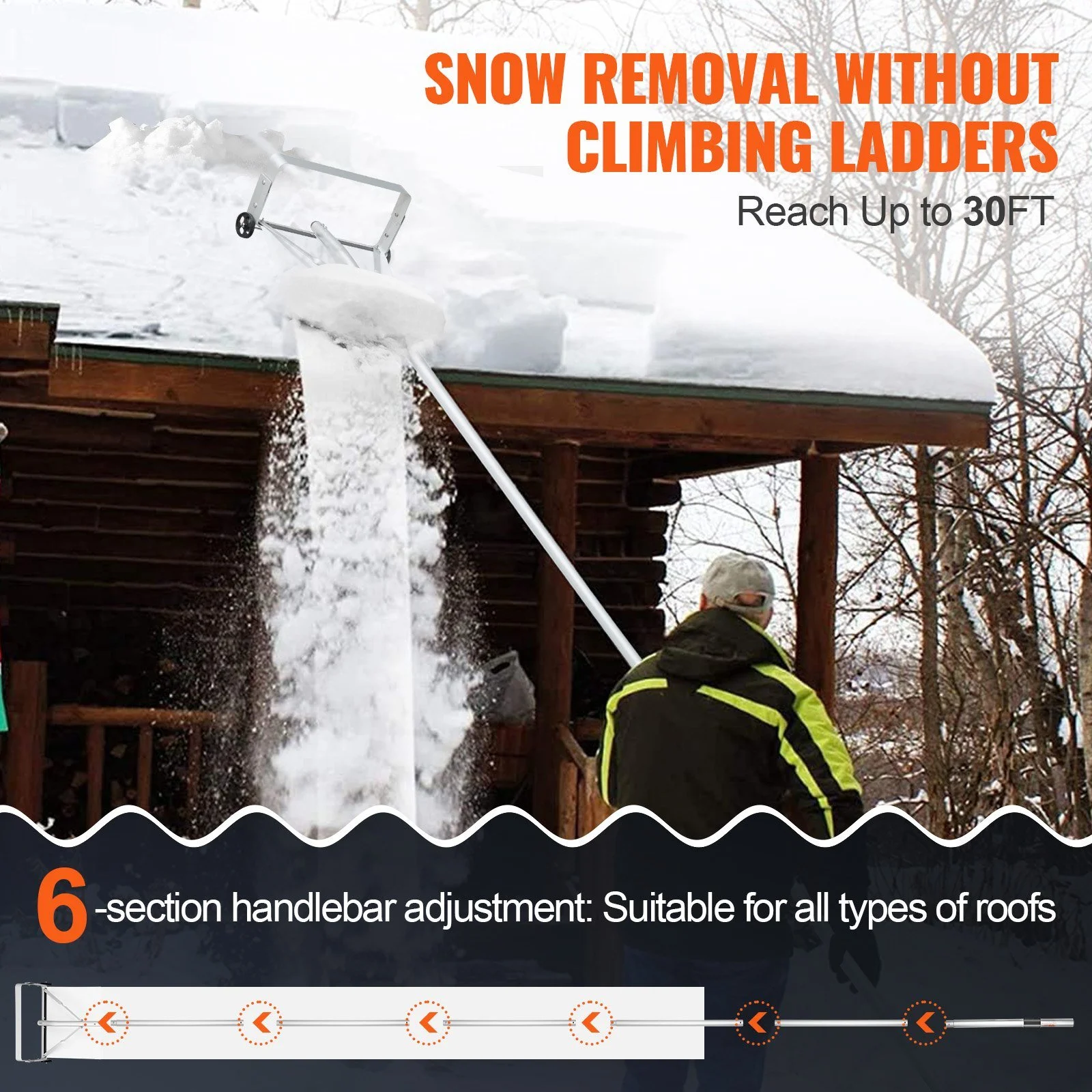 Snow Roof Rake with Adjustable Handle - 6.5 ft - Clear Snow and Leaves Easily