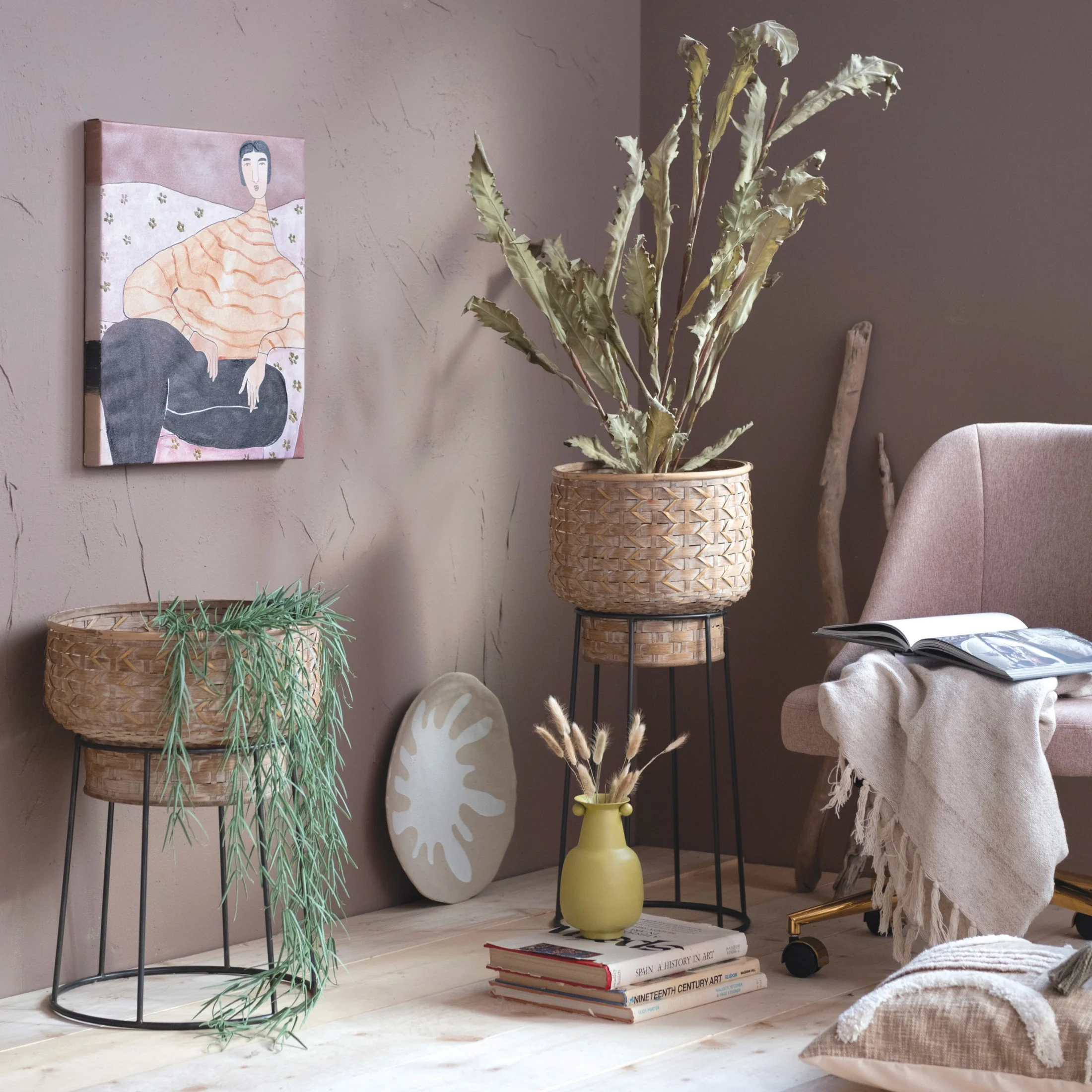 Bloomingville Hand-Woven Rattan Planter with Metal Stand