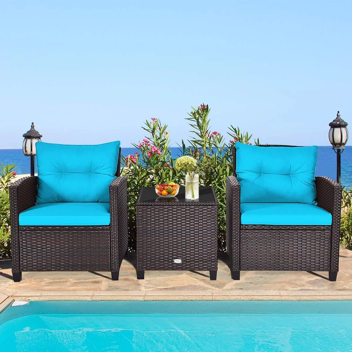 3 Piece Patio Furniture Set, Wicker Bistro Conversation Set W/ 2 Cushioned Armchairs & Glass Topped Table, Outdoor Rattan Sofa Set Patio Furniture For Porch Balcony Poolside (Turquoise)