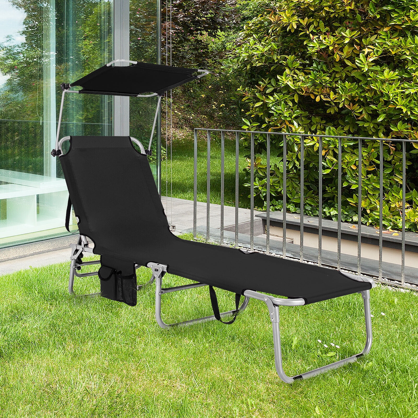 Foldable Sun Shading Lounge Chair Adjustable Beach Sunbathing Recliner W/Pocket