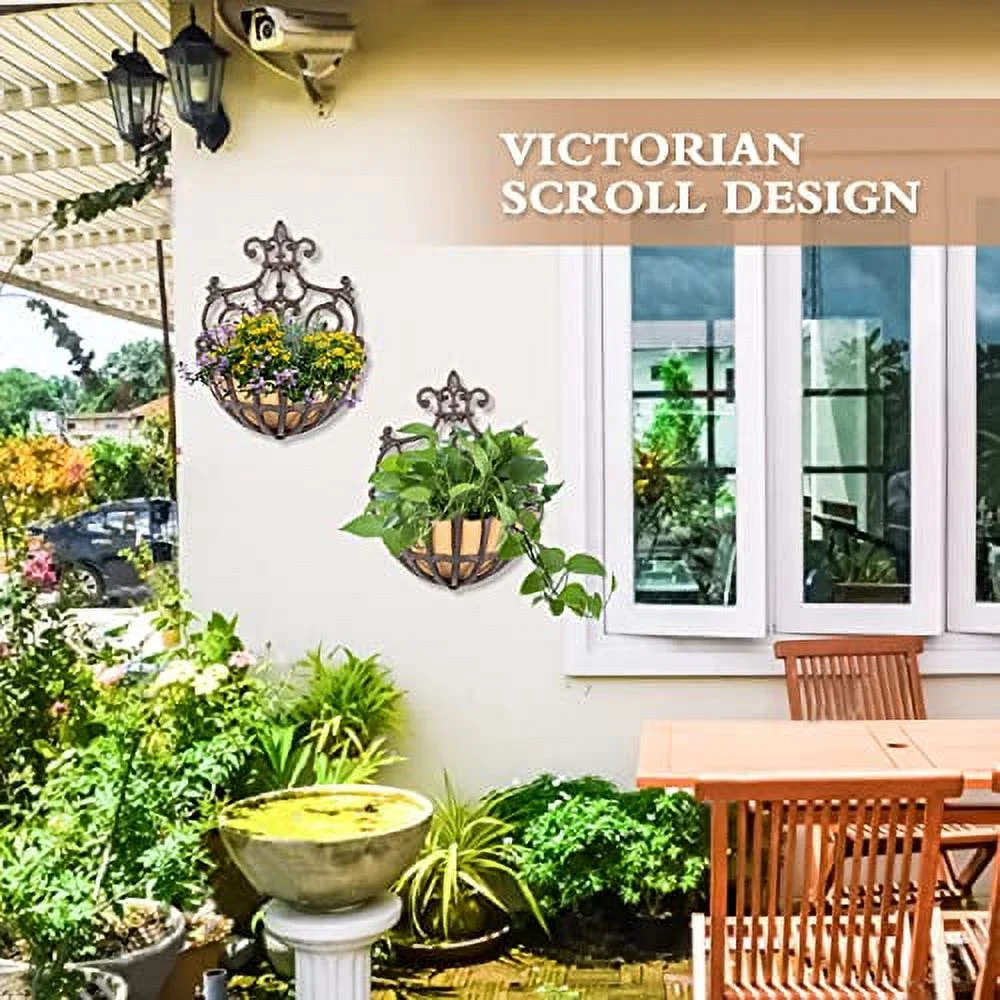 Sungmor 2 Pack Wall Hanging Planter Basket with Fabric Liner, Antique Victoria Style Cast Iron Wall Planter Holder, Outdoor Railing Fence Balcony Metal Hanging Basket Half Round Flower Pots