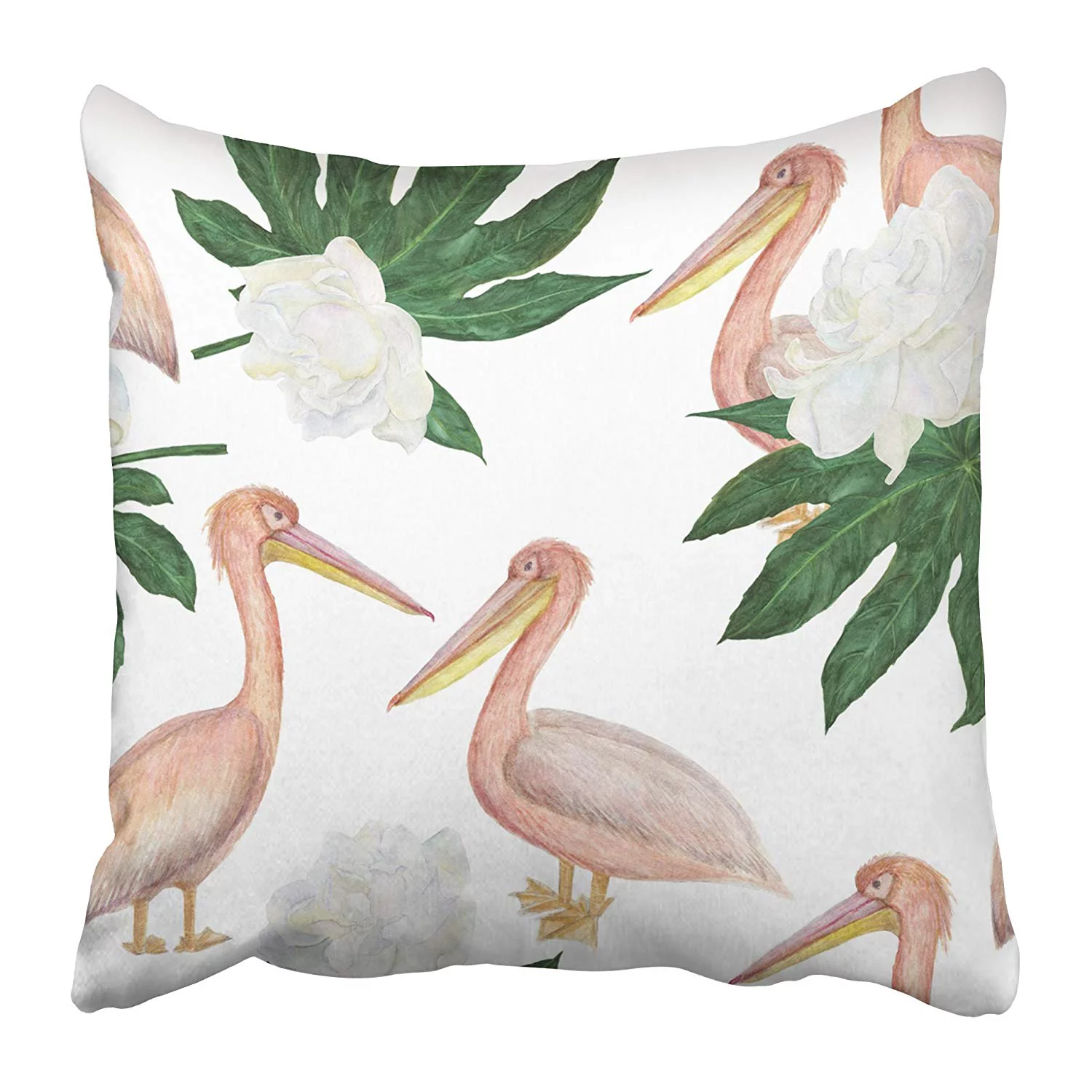 Watercolor Painting with Pink Pelicans White Tropical Flowers and Areca Palm Leaves Pillowcase Pillow Cover 18x18 inch