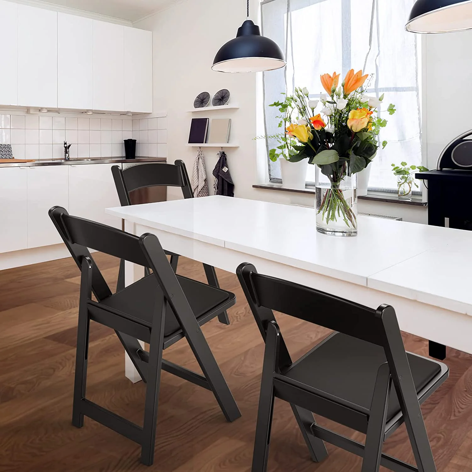 Black Resin Plastic Folding Chair with Padding Seat Weight Capacity to 350 lbs for Indoor Ourdoor Use, 4 PC