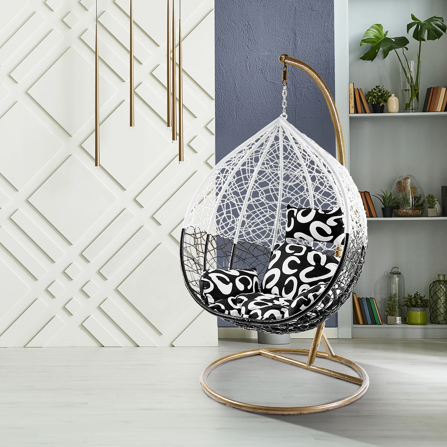 Wicker Rattan Hanging Swing Chair with White Metal Stand and Cushion