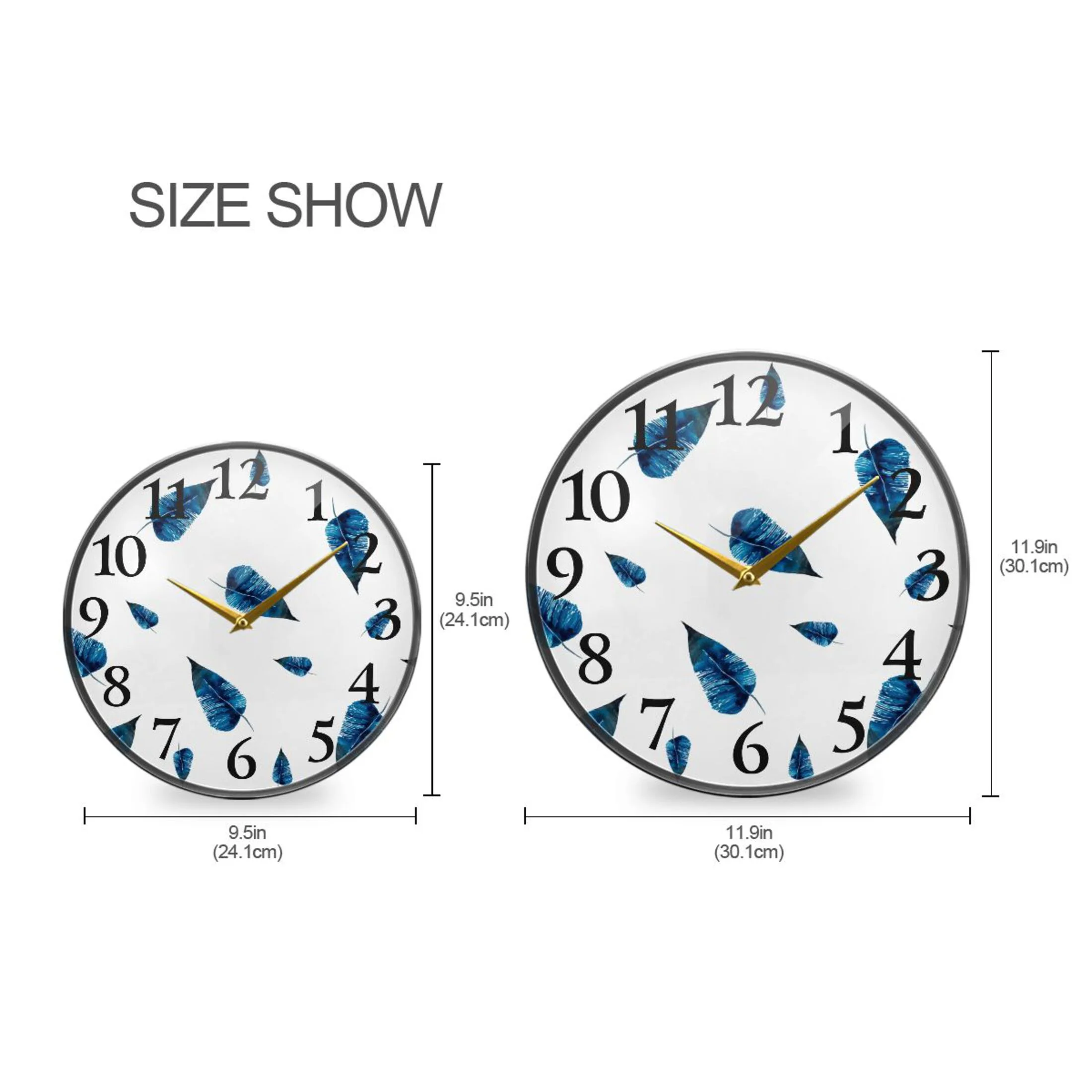 Watercolor Feathers Blue Wall Clocks Battery Operated 11.9 Inch Round Clock Acrylic Silent Non-Ticking Bedroom Living Room Decorative Clocks