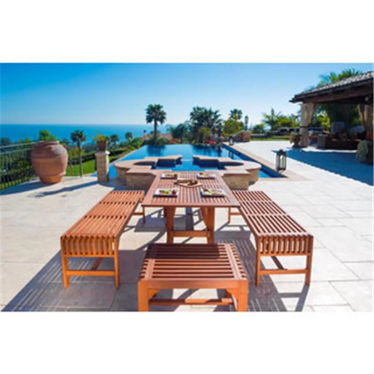VIFAH  Malibu Outdoor 5-piece Wood Patio Dining Set with Curvy Leg Table & Backless Bench