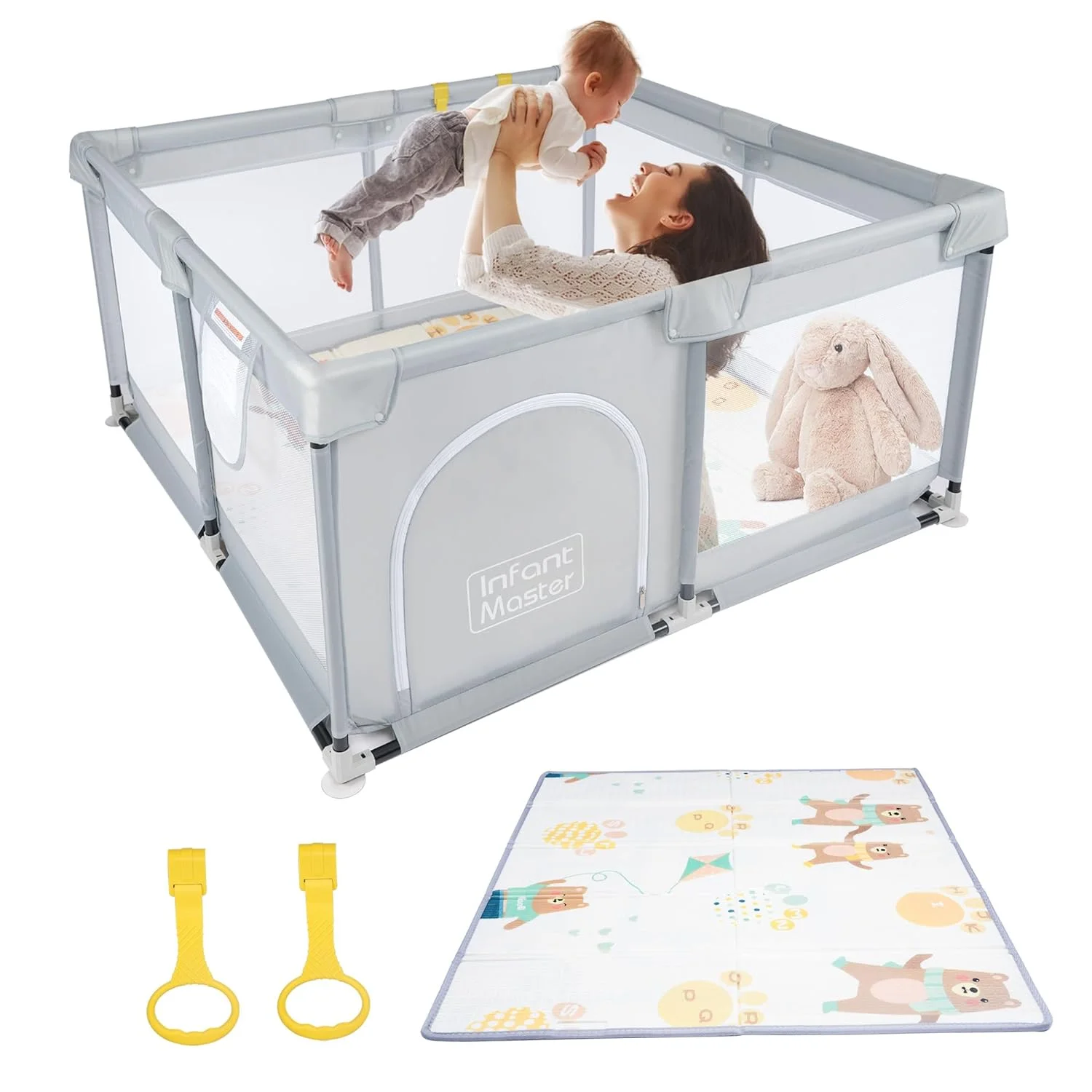 HYUN Baby Playpen, 49''x49'' Playpen for Baby & Toddler, with Portable Mat & Hand Pulling Ring, External Zipper Entrance Safe for Baby, Grey(QL-PL-G120)