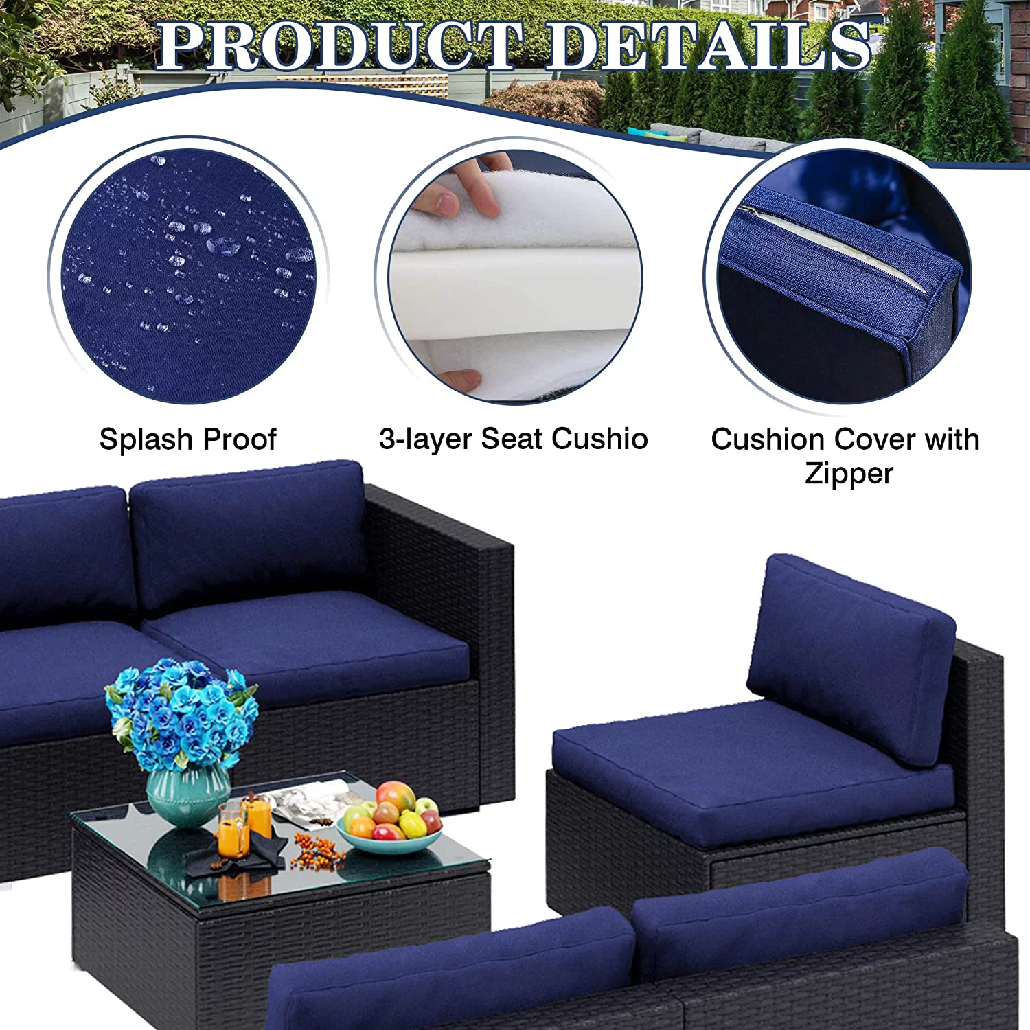 8 Pieces Patio Furniture Set with 45" Plate Embossing Propane Fire Table Outdoor PE Rattan Sectional Sofa Set Patio Gas Fire Pit Conversation Set with Blue Cushions & Glass Table