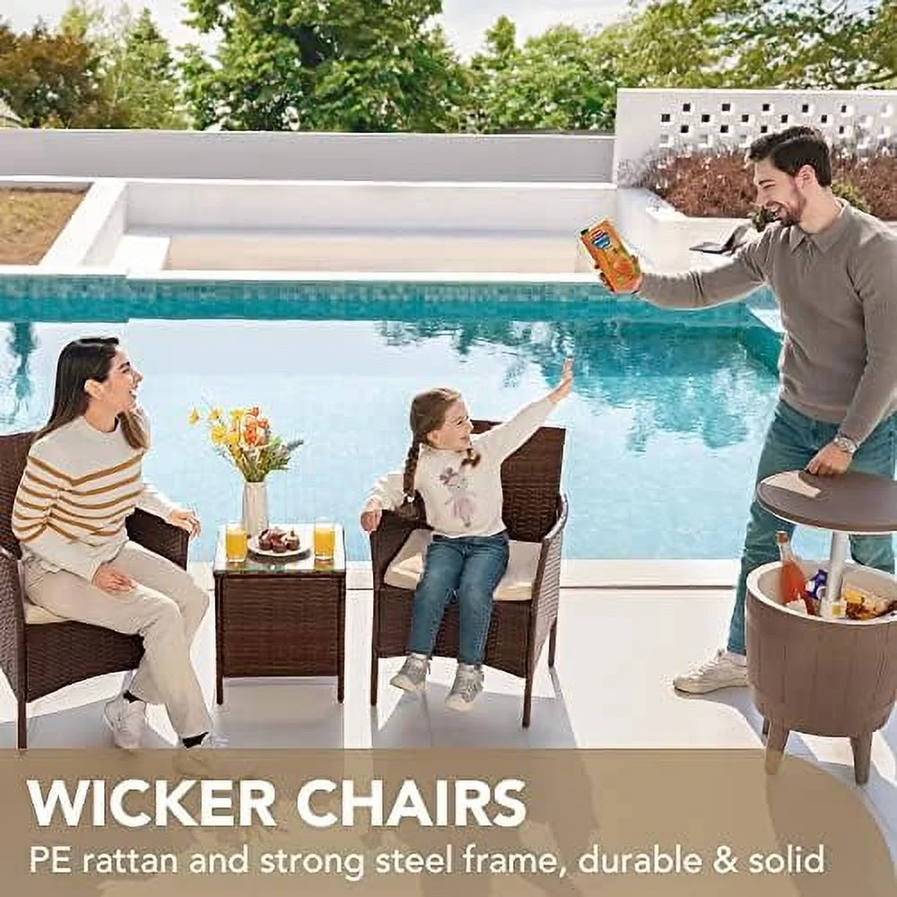 HYHBIBOOM Patio Porch  Sets 3 Pieces PE Rattan Wicker Chairs with Table Outdoor Garden  Sets (Brown/Beige)