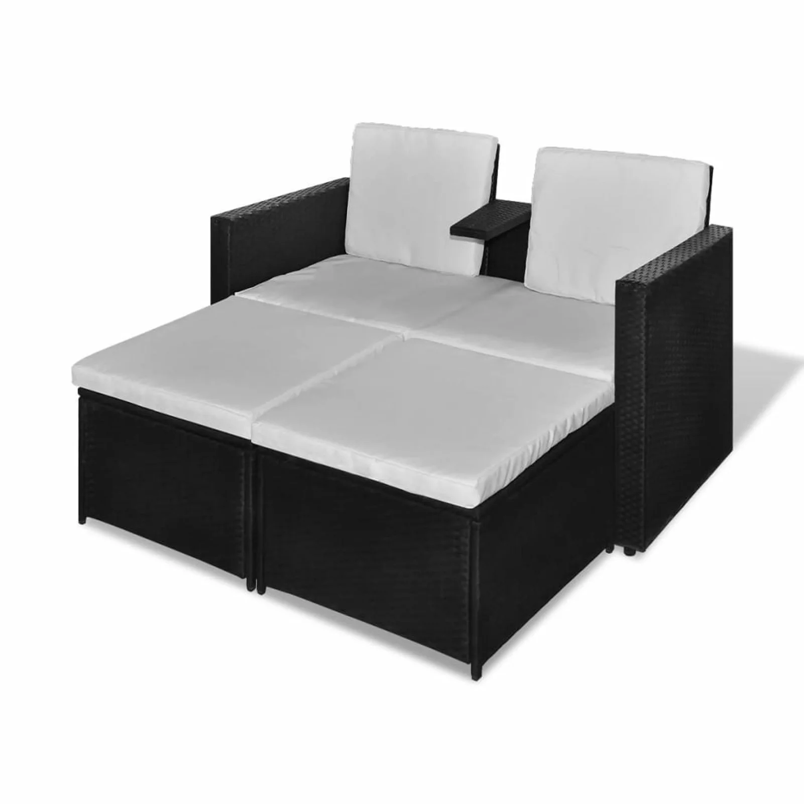 Anself 4 Piece Patio Conversation Set Cushioned Double Seater with Foot Stool Black Poly Rattan Sectional Outdoor Furniture Set for Garden, Backyard, Balcony