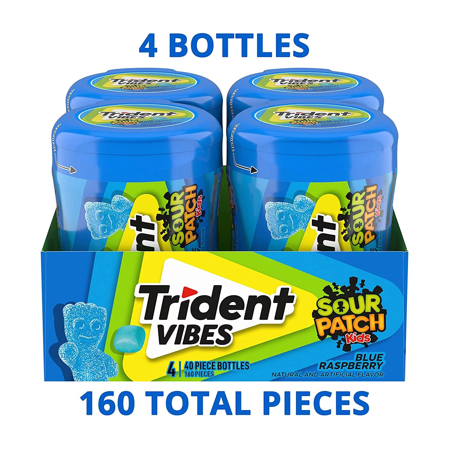 Trident Vibes SOUR PATCH KIDS Blue Raspberry Sugar Free Gum, 4-40 Piece Bottles 160 Total Pieces