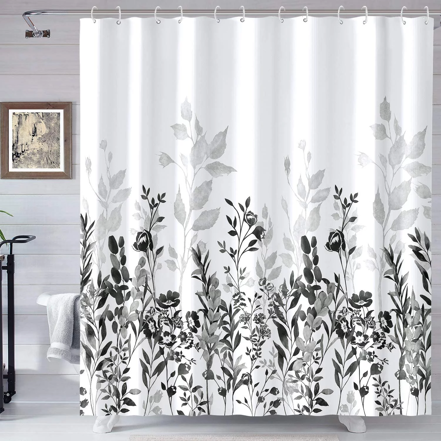 SHENDING Black and Grey Shower Curtain, Watercolor Floral Bathroom Curtain Black and White Shower Curtains 72×72 inches