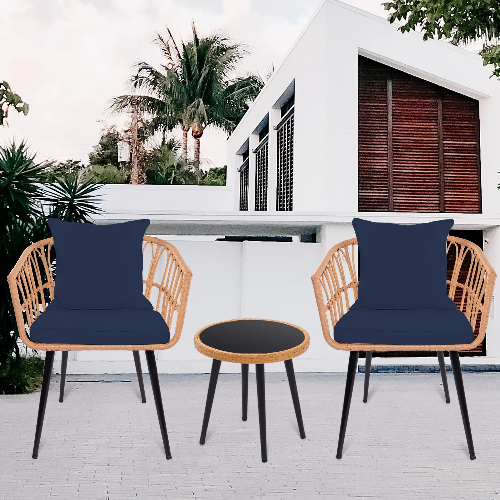 3 Piece Patio Bistro Set with Side Table, Outdoor PE Rattan Conversation Chair Set,Furniture of Coffee Table with Glass Top,Cushions & Lumbar Pillows for Garden,Backyard,Balcony Or Poolside